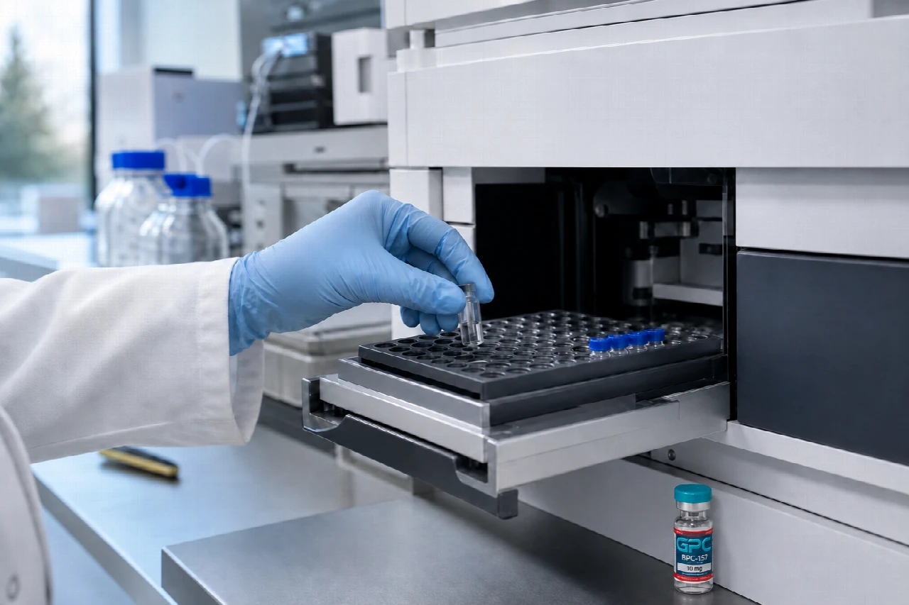 Gloved analyst loading an autosampler vial into liquid chromatography equipment with a small teal-capped vial on the bench.