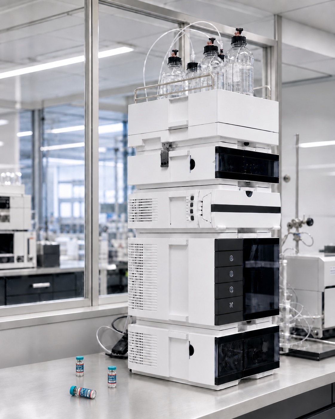 Modular liquid chromatography system in a modern analytical laboratory, with three small GPC research vials at different positions on the bench, one resting on its side.