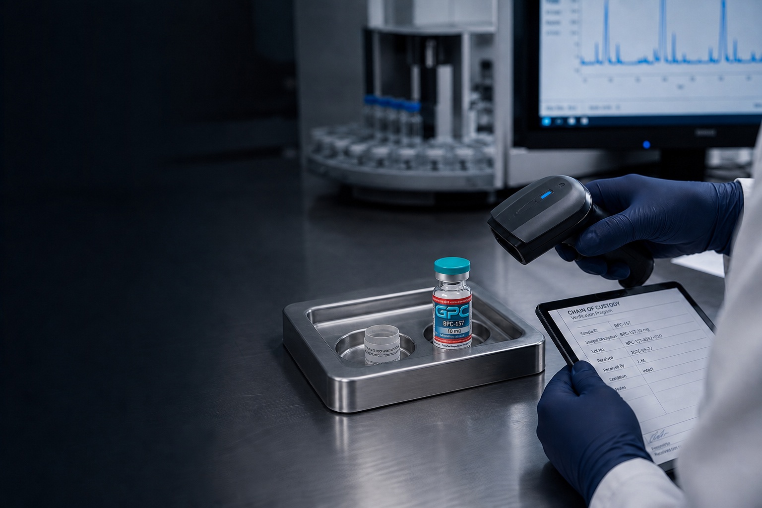 A laboratory analyst documents a small labelled GPC research vial at a stainless-steel sample-intake station beside chromatography equipment.