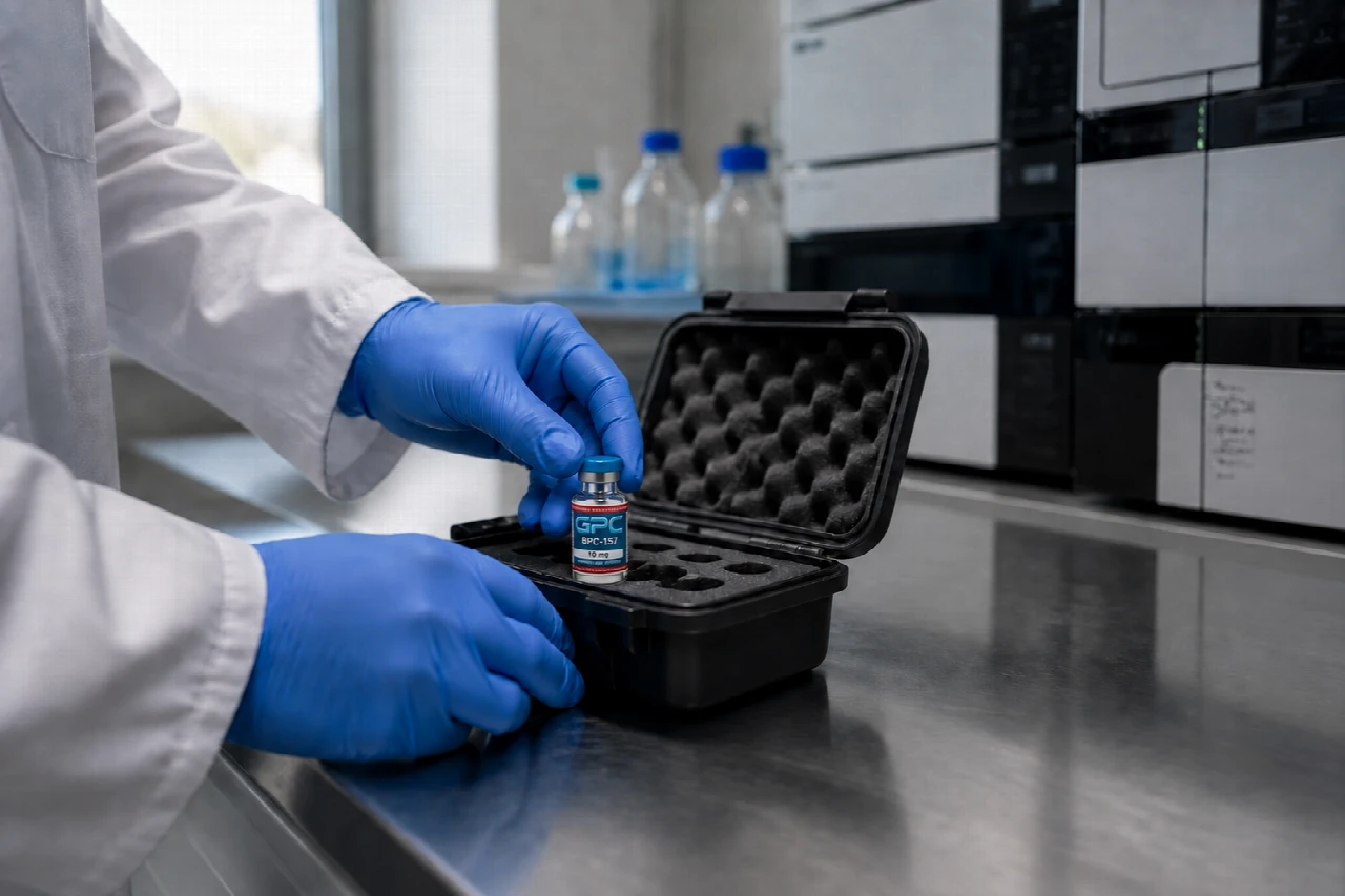 Gloved laboratory worker placing a small teal-capped research vial into a protective test case beside liquid chromatography equipment.