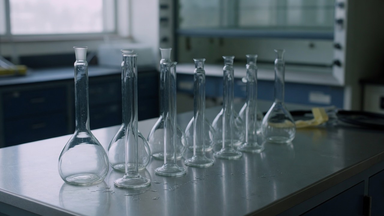 Borosilicate volumetric flasks on a stainless steel laboratory bench.