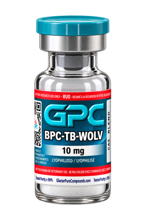 Flacon en verre scellé portant l’étiquette BPC-TB-WOLV